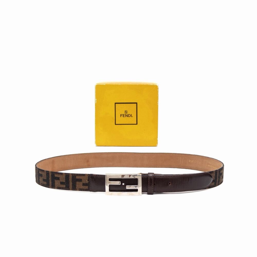 VTG FENDI Zucca FF Monogram Logo Buckle Brown Canvas Leather Belt Size 40/100